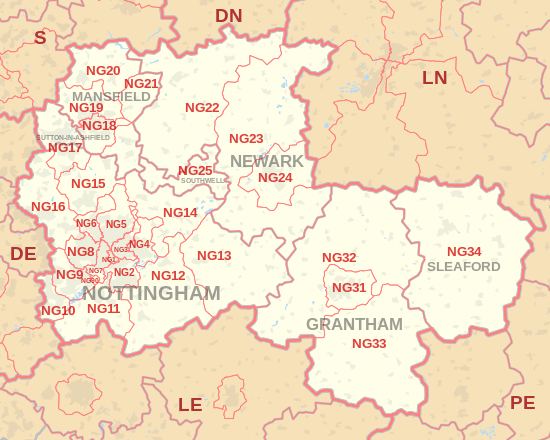 NG postcode area map, showing postcode districts, post towns and neighbouring postcode areas.