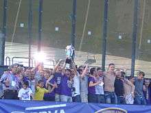 Maribor players celebrating their ninth league title (29 May 2011, after the last round vs Domžale)