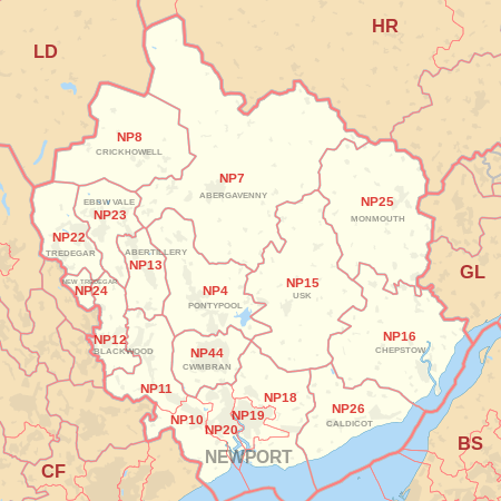 NP postcode area map, showing postcode districts, post towns and neighbouring postcode areas.