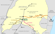 Map showing the railway lines in the South African Republic (Transvaal), as they were in 1899 at the outbreak of the Anglo-Boer War. All lines, except the lines in grey, were constructed by the Netherlands-South African Railway Company.