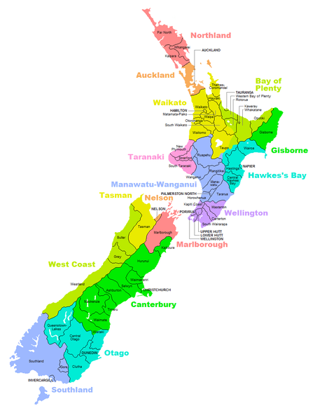 A map of New Zealand showing regional and district boundaries