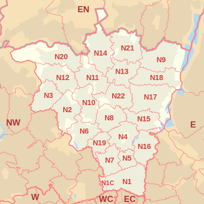 N postcode area map, showing postcode districts, post towns and neighbouring postcode areas.