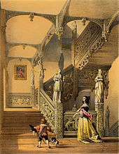 A monochrome lithograph of a grand wooden staircase