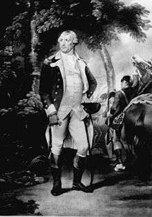 An image of Nathanael Greene standing beside his horse, dressed in the uniform of a Continental Army General