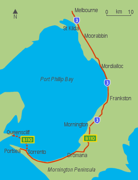 Map showing a road on the eastern and southern sides of Port Phillip Bay