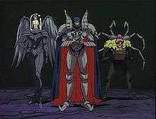 Three animated characters—a girl with dark red hair in a tall black humanoid robot's domed cockpit, a tall armored blue-haired man, and a purple-haired man with robotic spider legs on his back and a box in his hands—stand side-by-side.