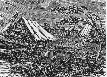 A drawing of an earthquake destroying land