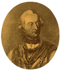 Sepia print of a white-haired man with his hair in late 1700s style with curls over his ears. He wears a military cuirass over his coat.