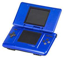 A blue variant of the original Nintendo DS
