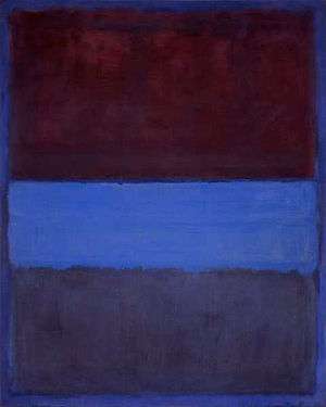 A vertical abstract painting in blue and red