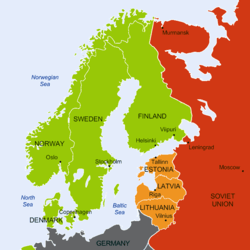Map of the Northern Europe where Finland, Sweden, Norway and Denmark are tagged as neutral nations. The Soviet Union has military bases in the nations of Estonia, Latvia and Lithuania.
