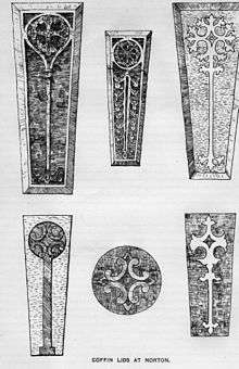 Five tapering coffin lids and a circular object. All are carved with a variety of types of decorated crosses.