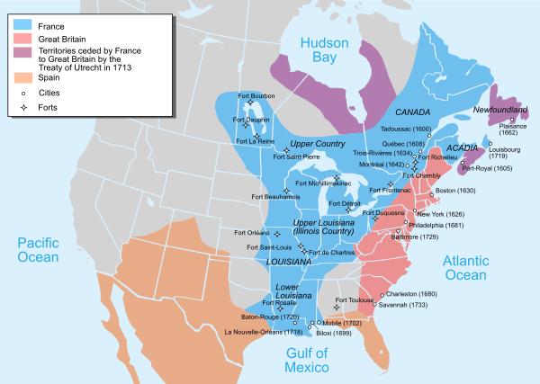 Map of French and British North American possessions in the early 18th century. After ceding Hudson's Bay to the British in the Treaty of Utrecht, France built forts like Fort Michilimackinac to protect New France fur trade from the British Hudson's Bay Company.