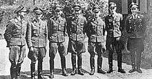 Seven men wearing peaked caps and military uniforms standing in a row.