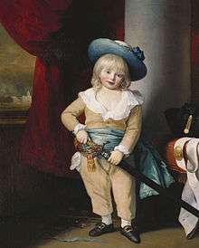 A painting of a young boy with long blonde hair, wearing brown overalls and a blue hat
