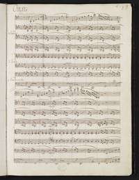 page of music manuscript, completed in ink, with sixteen staves