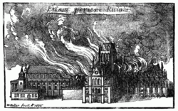 An engraving showing huge flames leaping from the roof of the cathedral.