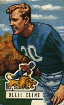 Ollie Cline pictured in a Detroit Lions uniform on a 1951 Bowman football card