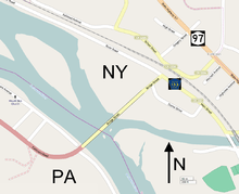 A map showing the bridge, the river and streets on either side