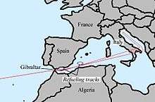 Diagram of the route that nuclear bomb-carrying B-52s would take to enemy countries. It follows the Mediterranean Sea, and passes over Italy before turning north over the Adriatic Sea.