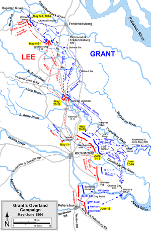 A map of the 1864 Overland Campaign, including the location of the Battle of Yellow Tavern