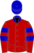 Red jacket with blue stripes on arms, blue collar and blue helmet