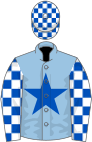 Light blue, royal blue star, white and royal blue check sleeves and cap