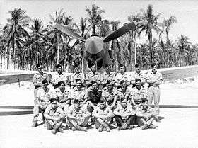 Three rows of men in tropical uniform posing before a single-engined P-40 Kittyhawk fighter plane, with palm trees in the background