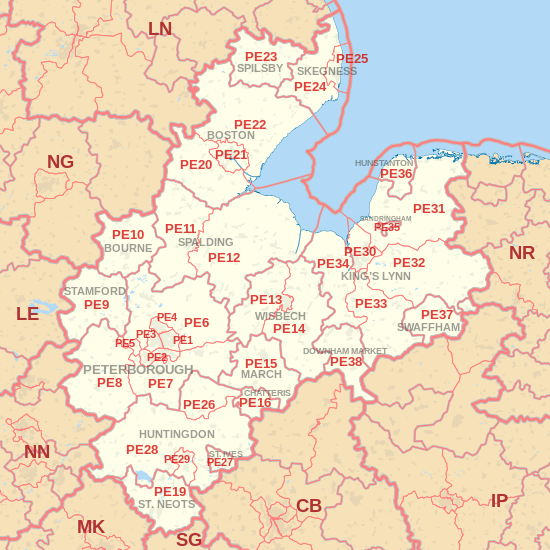 PE postcode area map, showing postcode districts, post towns and neighbouring postcode areas.