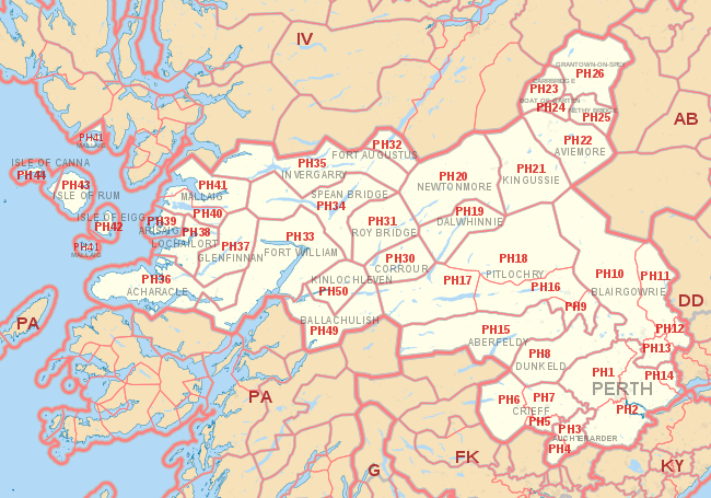 PH postcode area map, showing postcode districts, post towns and neighbouring postcode areas.