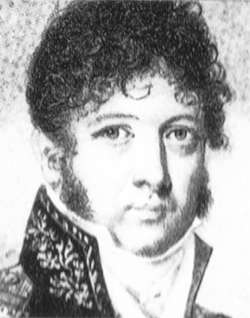 Black and white print shows a clean-shaven man with very curly hair. He wears a coat with a high embroidered collar.