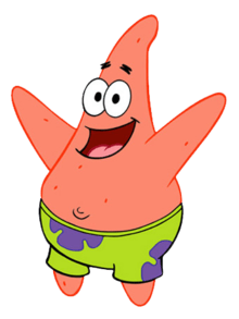 A smiling pink starfish wearing green trunks