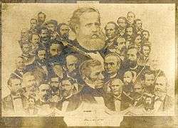 An illustration depicting the large head and shoulders of a bearded man superimposed over a large number of smaller male portrait busts
