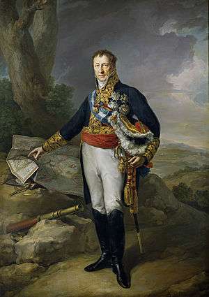 Painting of a standing man in a fancy blue military coat with white breeches and black boots. His right hand points to a map while his left arm cradles a bicorne hat.