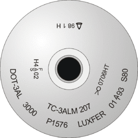  Diagram of a cylinder shoulder with stamp marking: TC3ALM 207 DOT-3AL 3000 P1576 LUXFER 01(testing authority stamp)93 S80 and date stamps for 3 hydrostatic tests