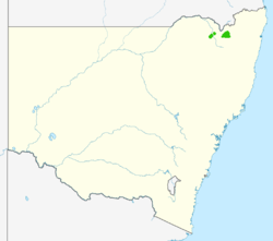 A map of New South Wales showing the range in green