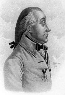 Black and white print of a man in profile from head to chest. He wears a light-colored coat and his hair is pulled back into a queue.