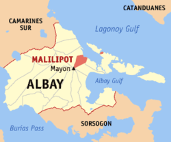 Map of Albay with Malilipot highlighted