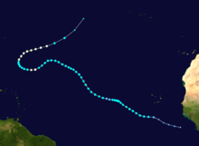 Storm track of a hurricane in the Eastern Atlantic.