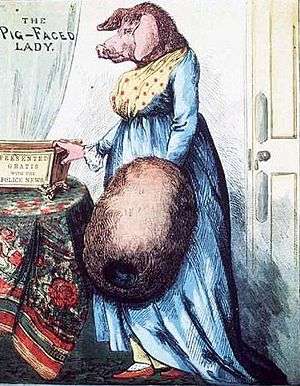 An elegantly dressed woman with the ears and face of a pig