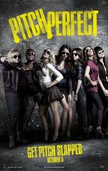7 women wearing sunglasses and posing. The words Pitch Perfect painted in yellow above them.