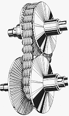  A pair of conical pulleys, with a flat belt running between them. The lower pulley is formed from two separate movable cones. In the current configuration, the cones have been moved apart so the belt "falls" into the space between them. By moving the cones closer, the belt is forced to ride higher on the sides of the cones, changing the pulley ratio.