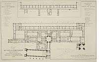 Architectural plans of the Palace of Westminster, drawn up by Charles Barry. The plans show a long, asymmetrical building. Westminster Hall is shown as part of the image, sitting off the perpendicular to the rest of the building