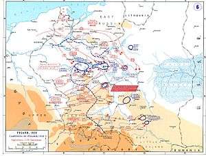 A map of Poland showing the German invasion from east Germany, East Prussia and German-occupied Czechoslovakia in September 1939