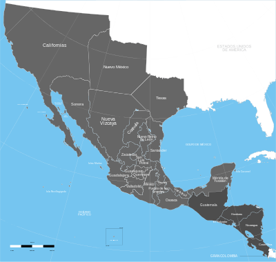 Map of Mexico in 1821, including parts of present Central America and the U.S.