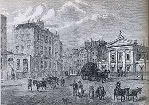 Black-and-white engraving showing London buildings in the background and carriages and people in the foreground.