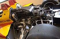 A view of the engine, gearbox and rear axle of a Porsche RS Spyder
