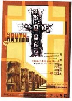 The poster including a cross in the form of a tree with portraits in it.