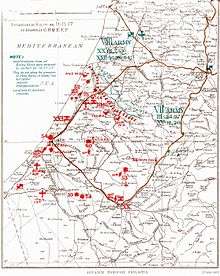 General Headquarters Egyptian Expeditionary Force map shows British Empire forces in red in front of the Nahr Sukherier line with the Ottoman forces indicated to the north in green. The main roads are shown in brown.