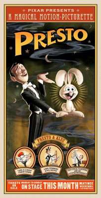 Movie poster shows a man in a tuxedo holding a smiling rabbit in one of his hands, while the other is raised as if to present the rabbit to an audience. Text at the top of the image states "Pixar Presents A Magical Motion Picturette", followed by the film's title. Near the bottom of the image, is three circles, each containing scenes from the short film.